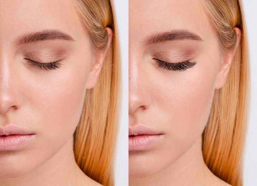 woman before after eyelashes